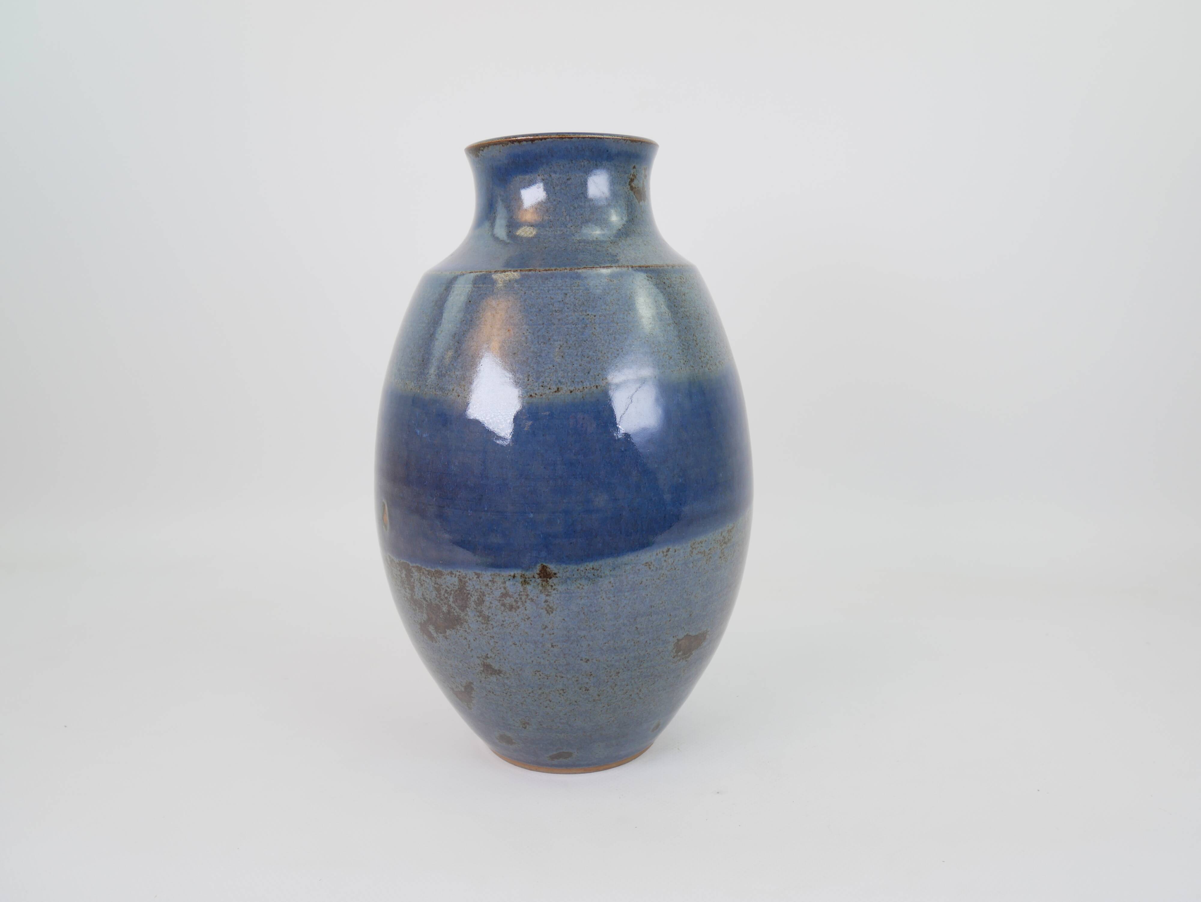 Large blue glazed ceramic vase signed under the base