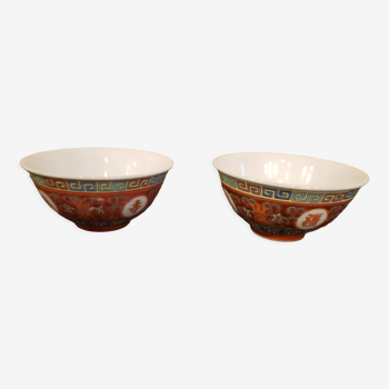 2 glazed red porcelain rice bowls
