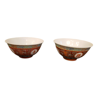 2 glazed red porcelain rice bowls