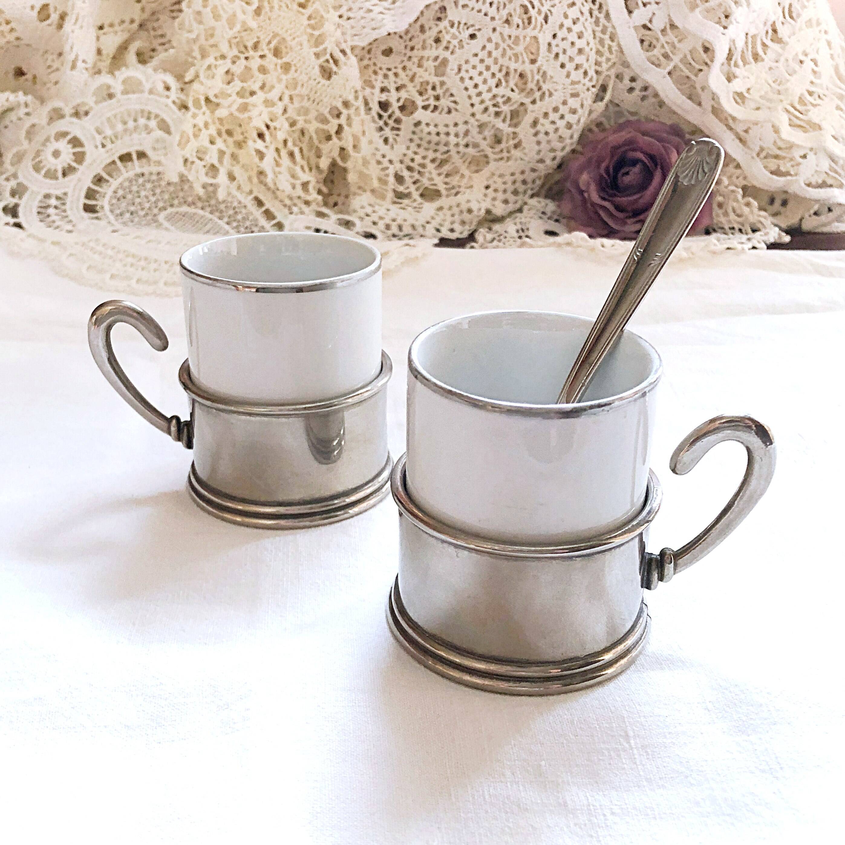 Duo Italian Porcelain Cups with Vintage Monopoly Pewter Holder