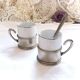 Duo Italian Porcelain Cups with Vintage Monopoly Pewter Holder