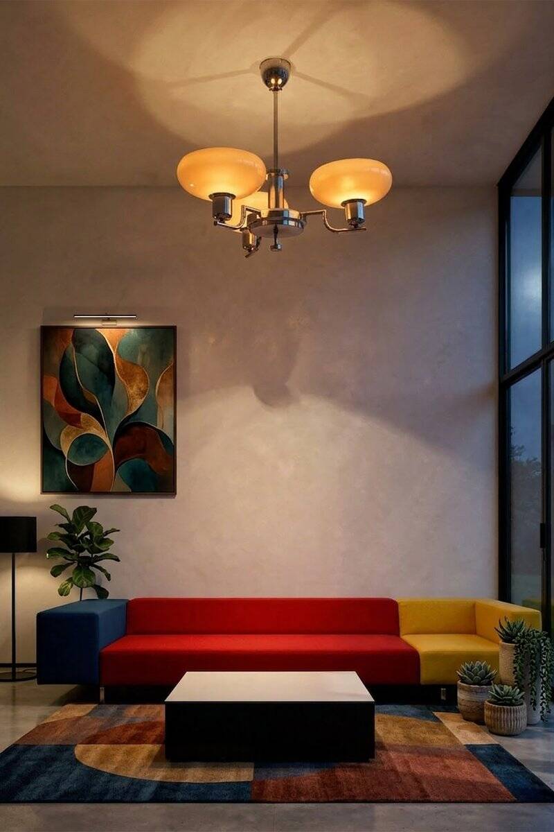 Bauhaus Chandelier in Chrome-Plated Steel and Opaline Glass, Czech, 1930s
