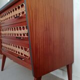 Commode teck et rotin pieds compas