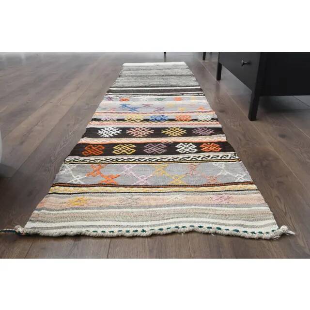 1970s Vintage Turkish Oushak Handmade Wool Cotton Beige Runner Rug 63x237