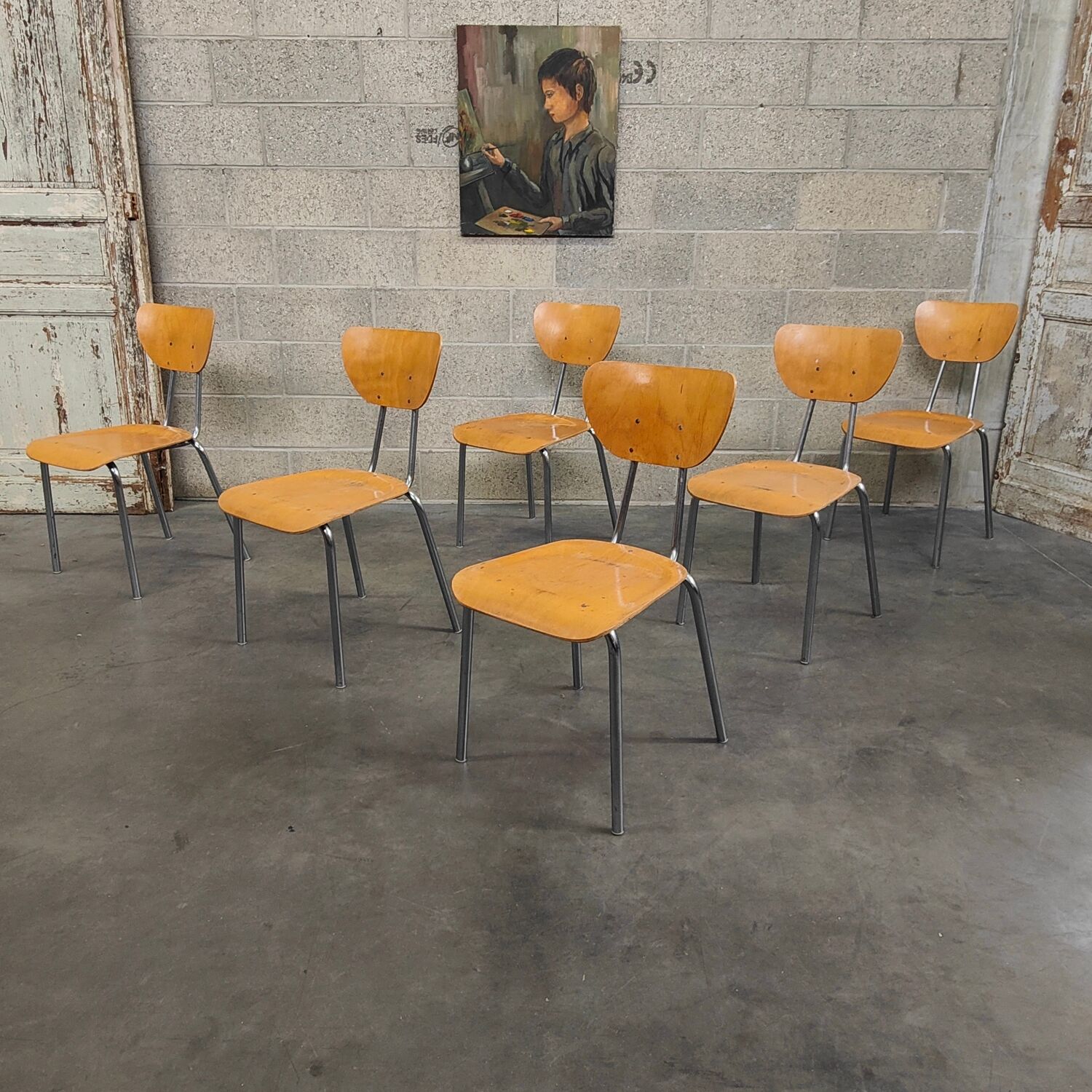 Lot de 6 chaises type ecole chrome et bois 1970