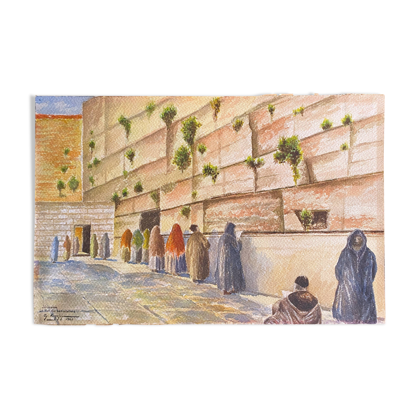 Original watercolor painting 1949 "Wailing Wall - Jerusalem" G. KUGELEM