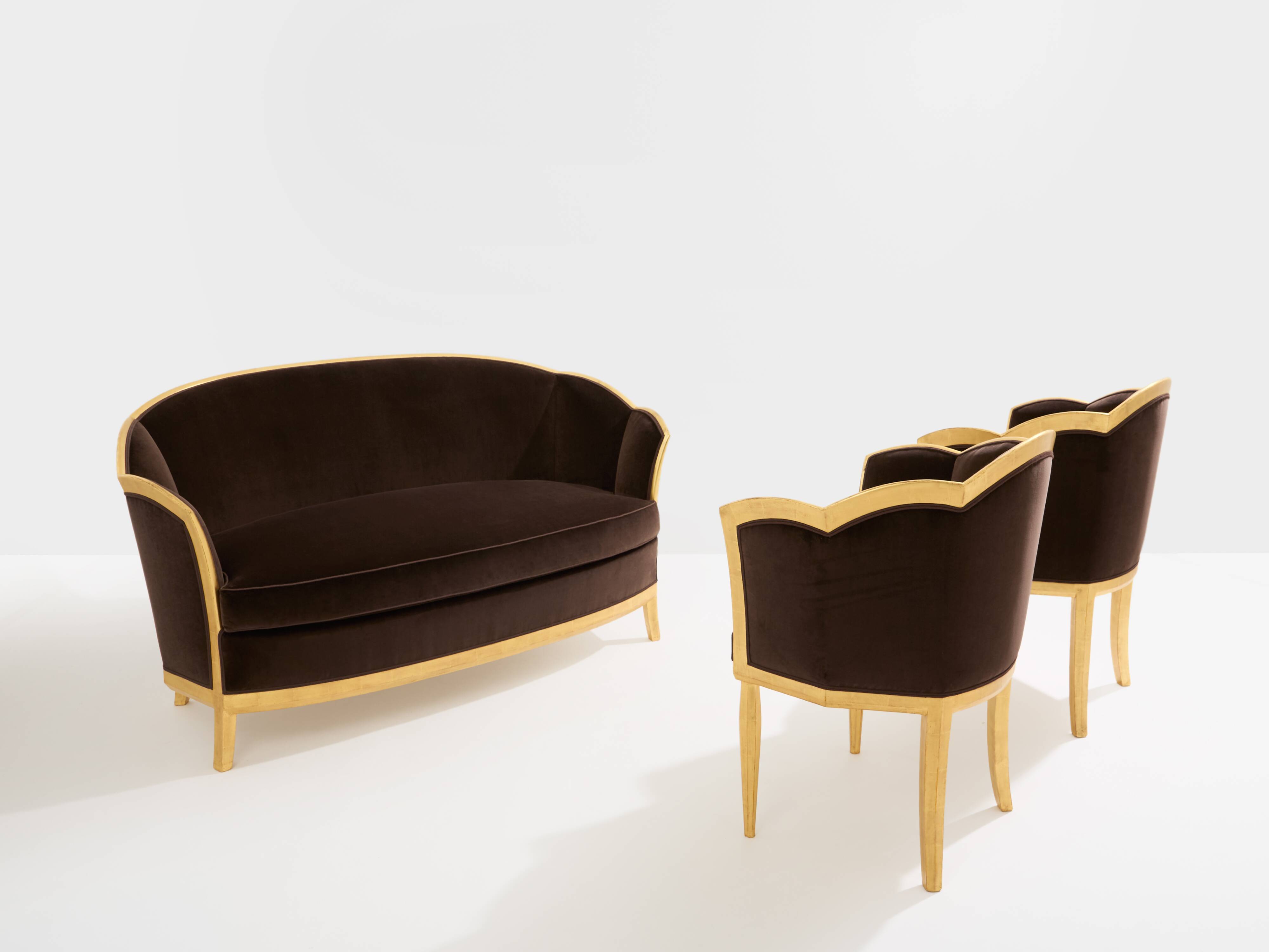 Maurice Dufrène gilded wood bench with brown velvet 1925