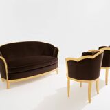 Maurice Dufrène gilded wood bench with brown velvet 1925