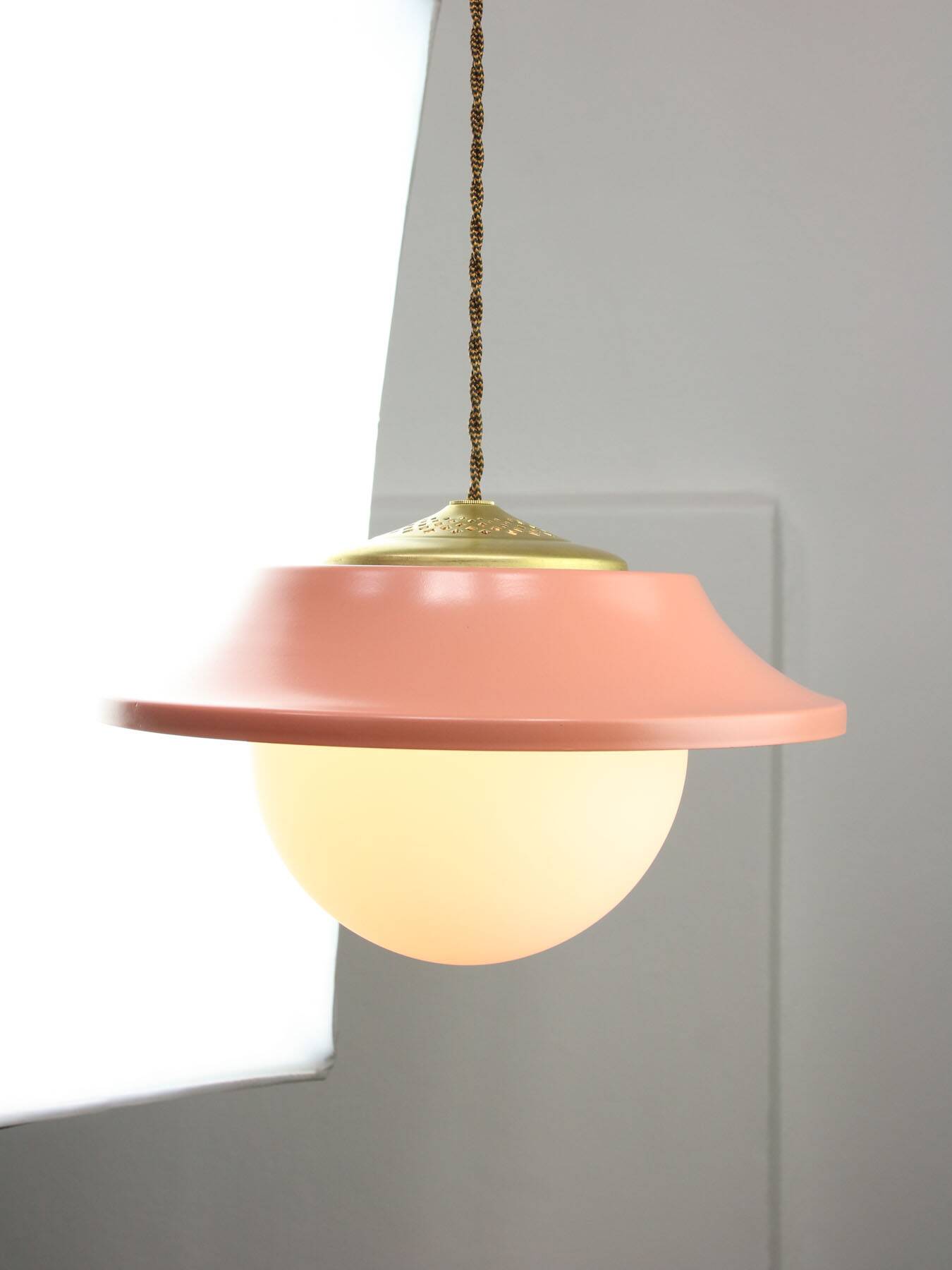 Mid-Century Italian Pink Metal and Brass Pendant Lamp