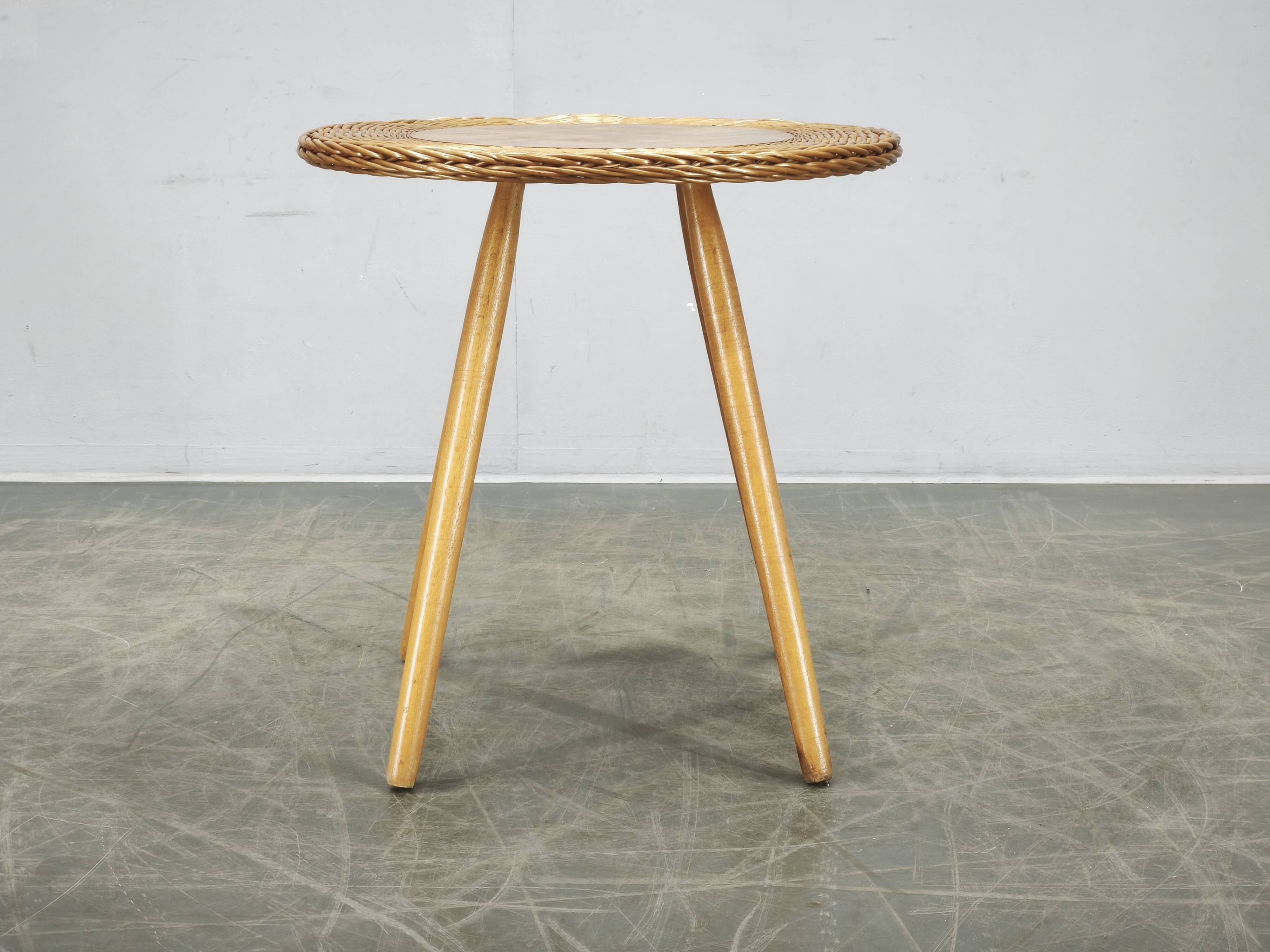 Jan Kalous Rattan and Beech Side Table, Czechoslovakia, 1970s