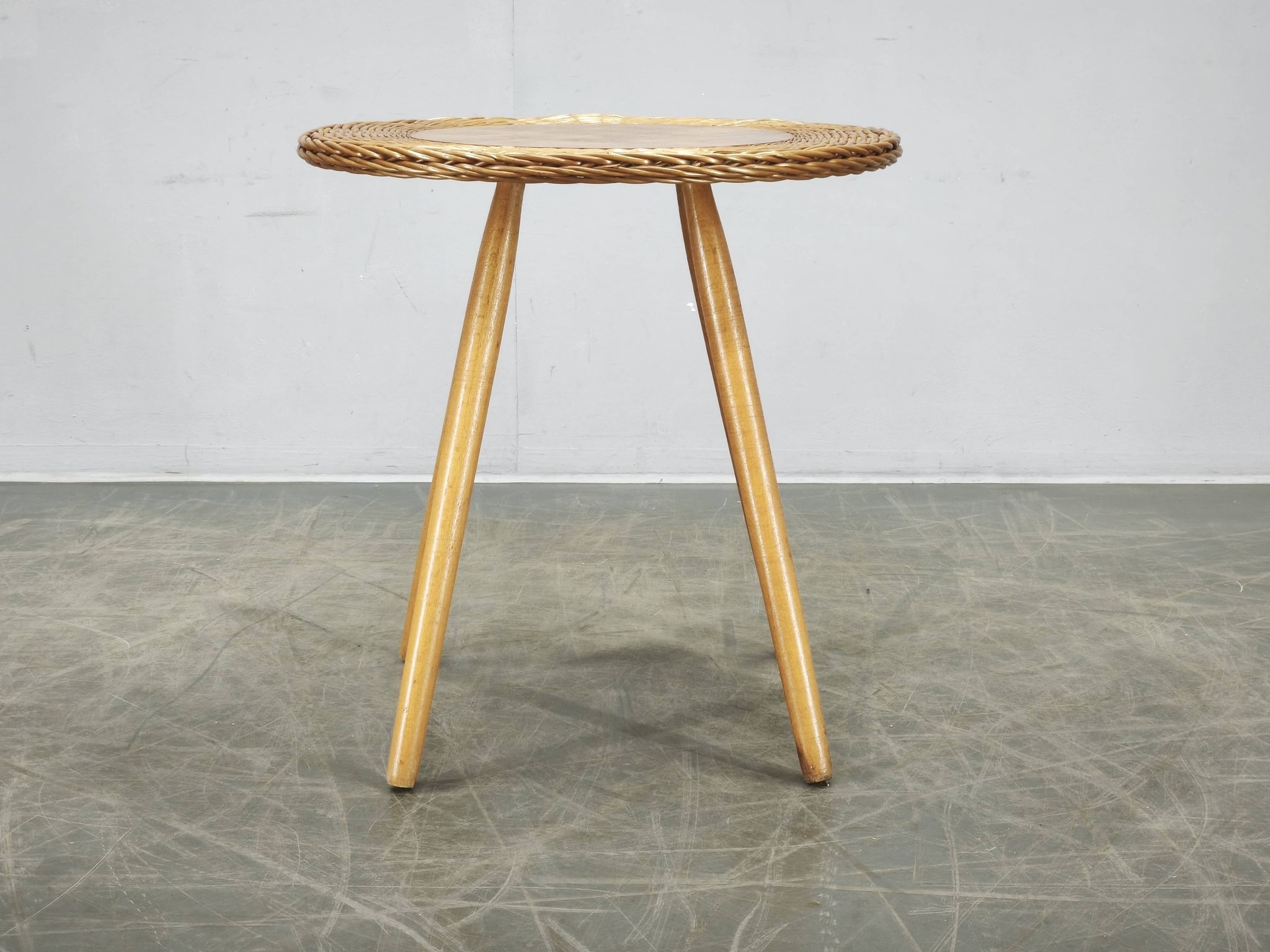 Jan Kalous Rattan and Beech Side Table, Czechoslovakia, 1970s