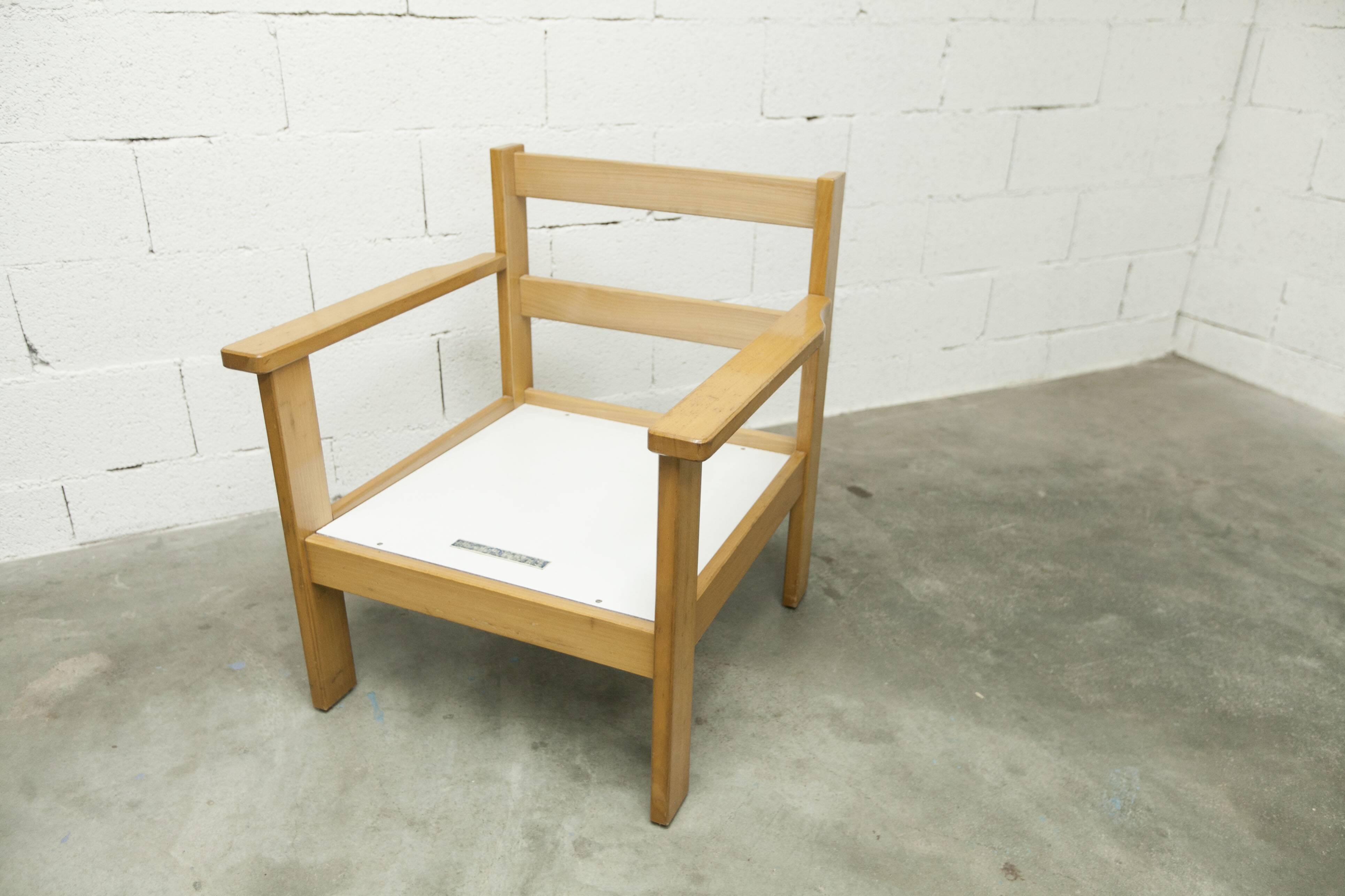 Comfortable 1980s blue and honey beech armchair