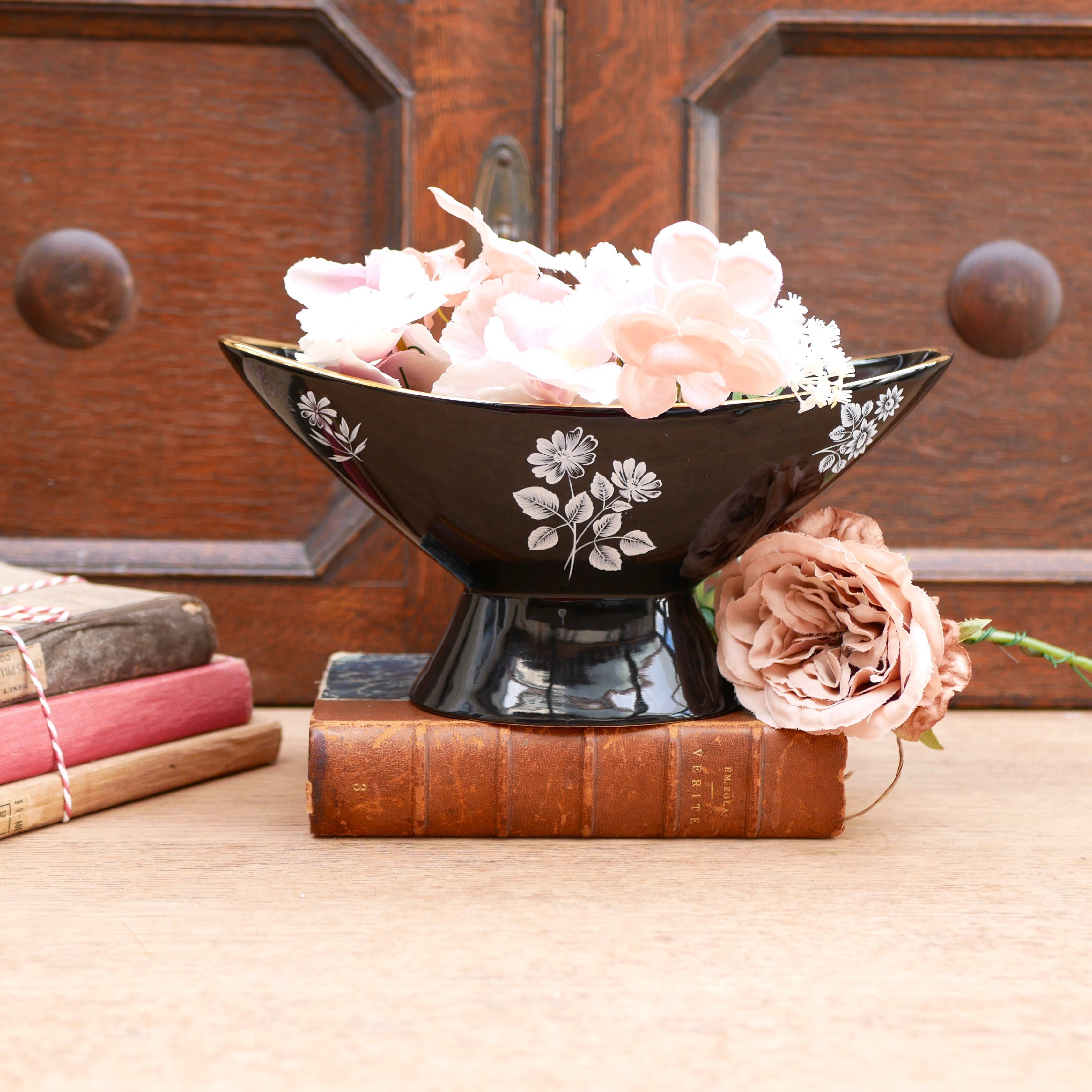 Vintage Wade Black boat vase with floral pattern and metal stand