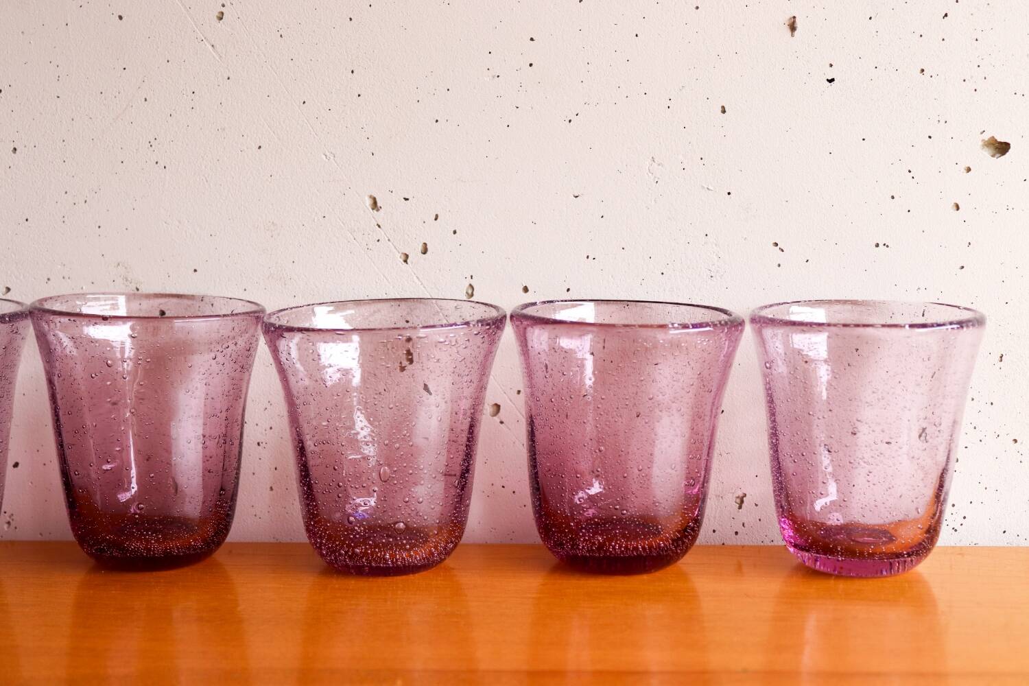 6 purple Biot bubble blown water glasses