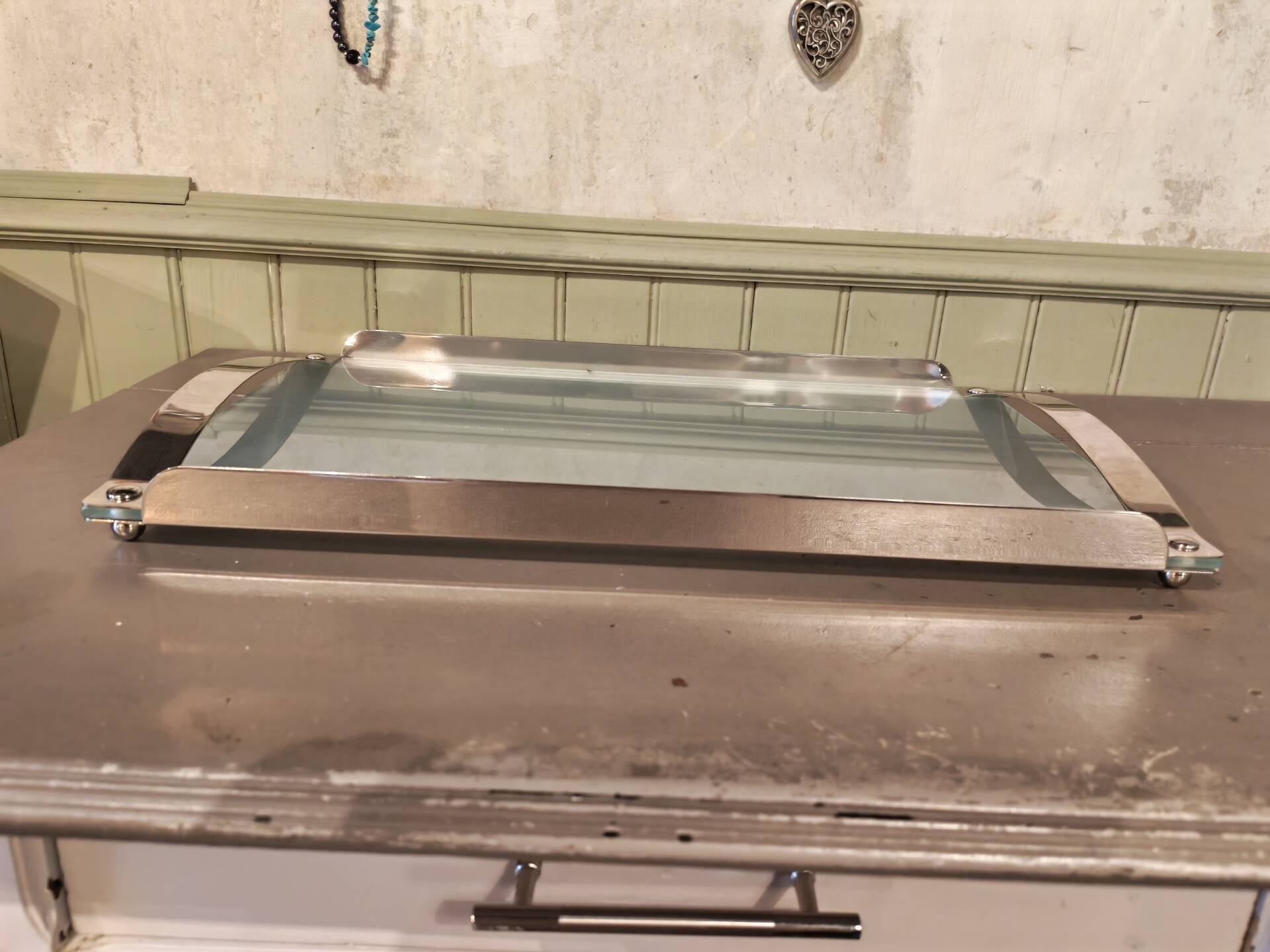 Chrome metal and glass vintage tray