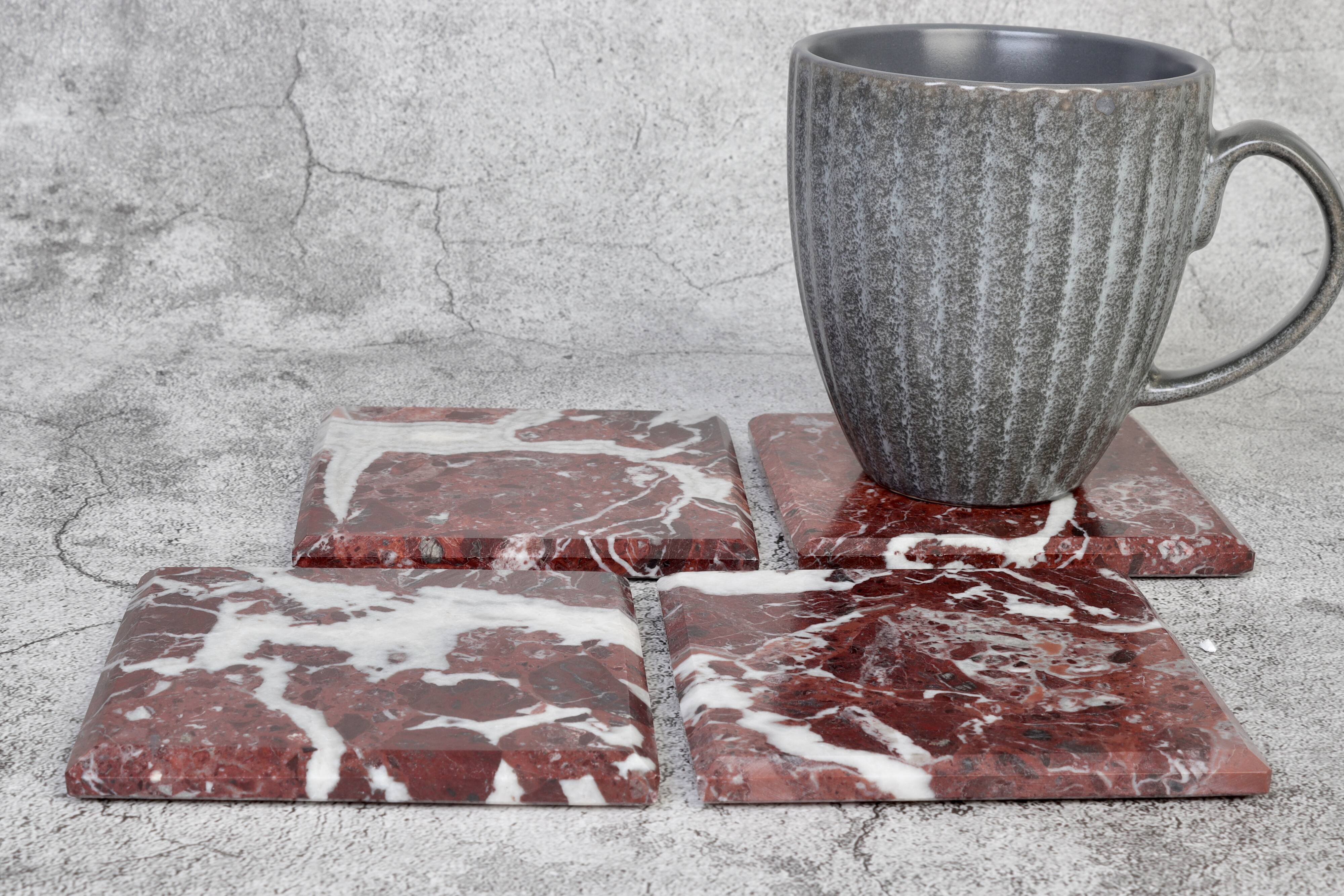 Madeji – Red Square Natural Marble Coasters - set of 4