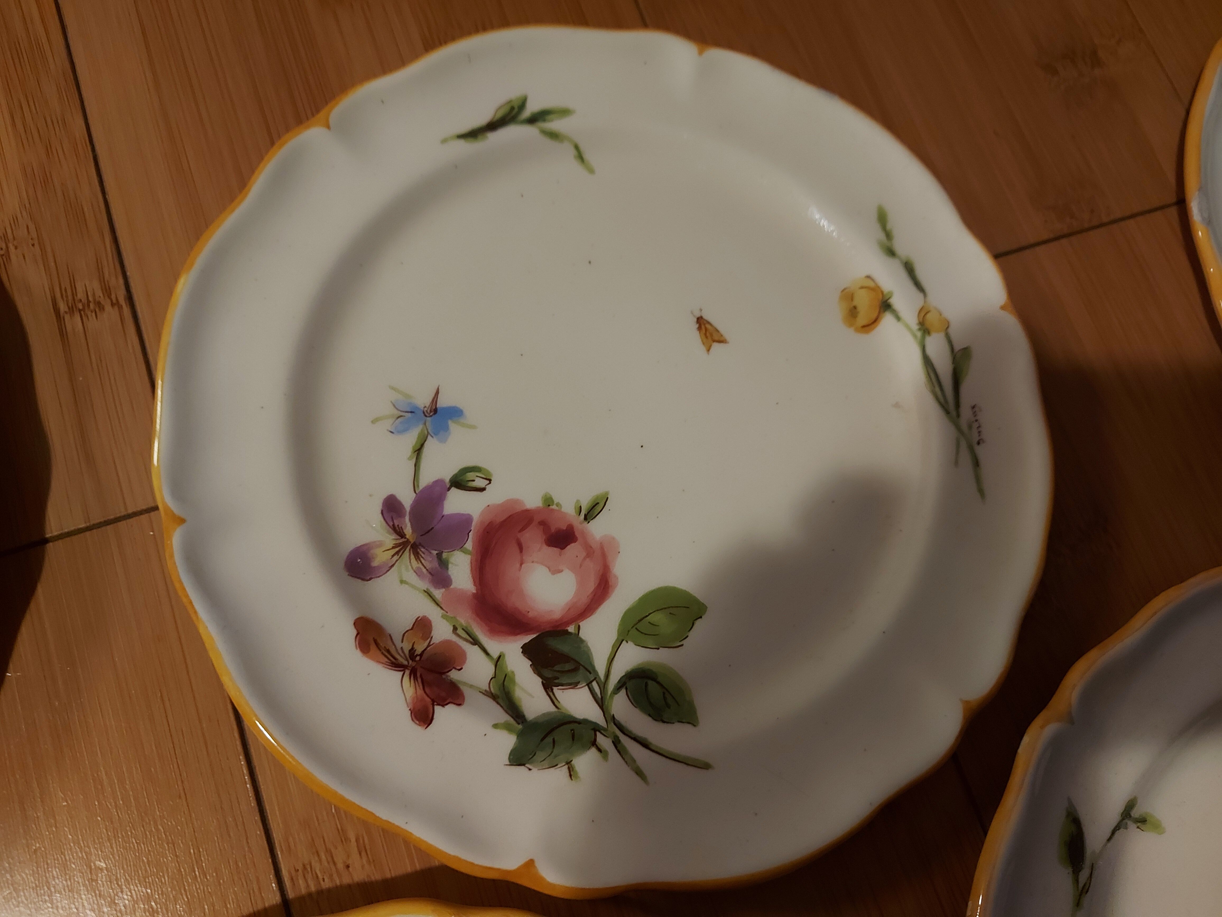 10 dessert plates painted decorated with flowers, insects (all different)