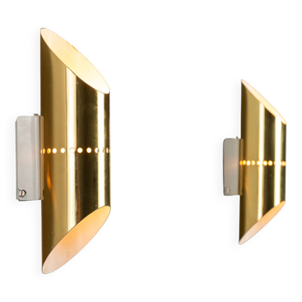 Pair of cylindrical wall lamps in brass with perforated shades