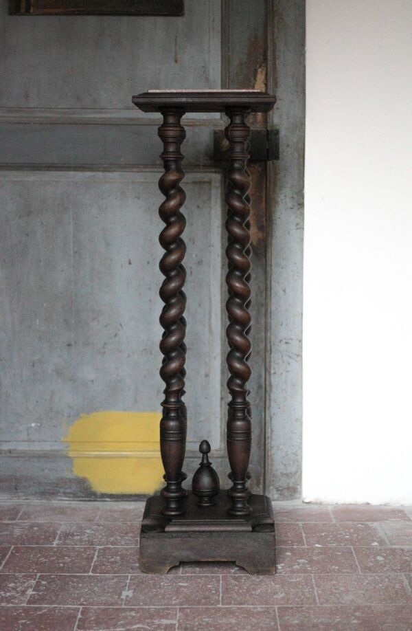 Sellette bois et marbre vintage, guéridon bois tourné Louis XIII