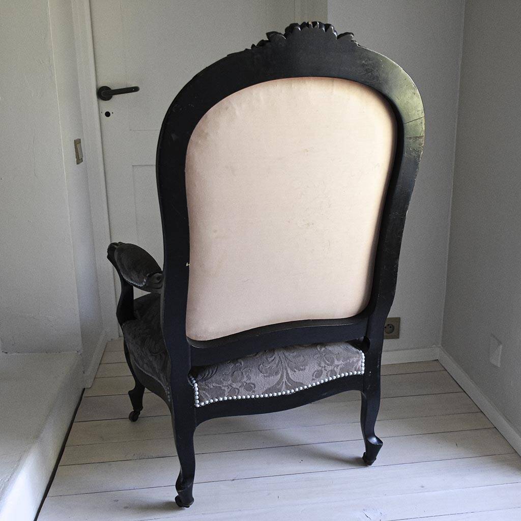 Antique armchair from the Napoléon III era, black wood with grey embossed velvet.