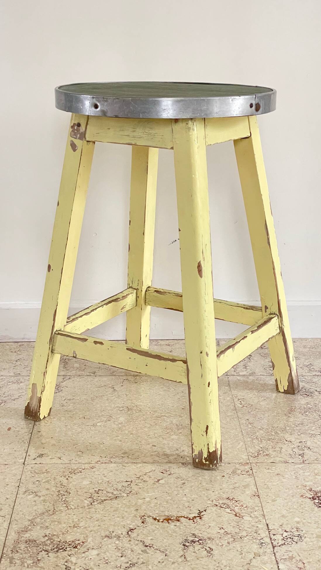Vintage stool in solid oak green seat
