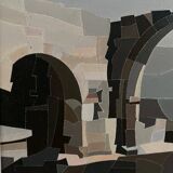 Huile sur toile Alain L'Hermitte Lhermitte architecture géométrique XXe