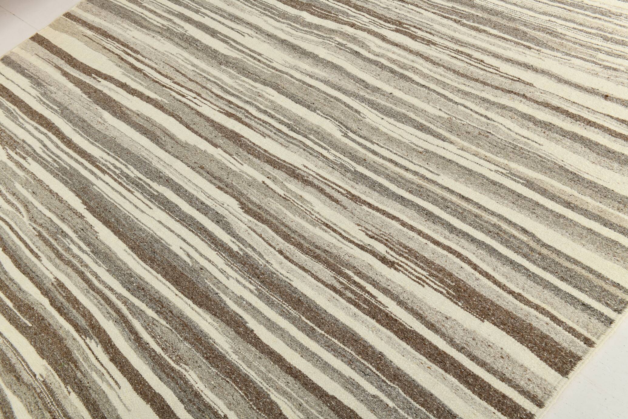 8x11 Brown Beige Minimalist Handmade Wool Kilim Rug, 226x350Cm