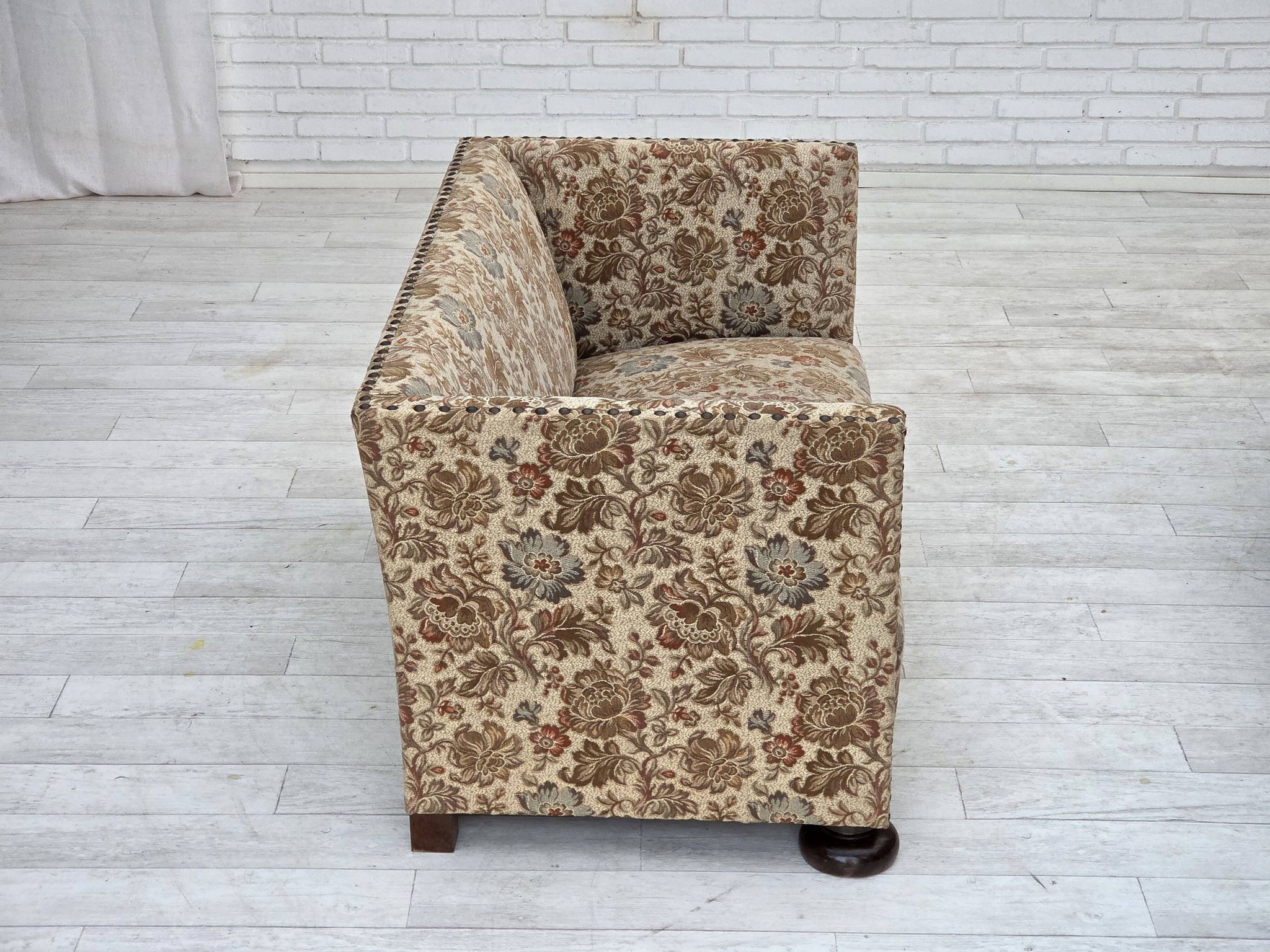 1950s, Danish 2-seater sofa, beige/ brown furniture fabric, oak wood.