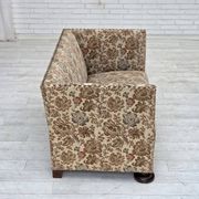 1950s, Danish 2-seater sofa, beige/ brown furniture fabric, oak wood.