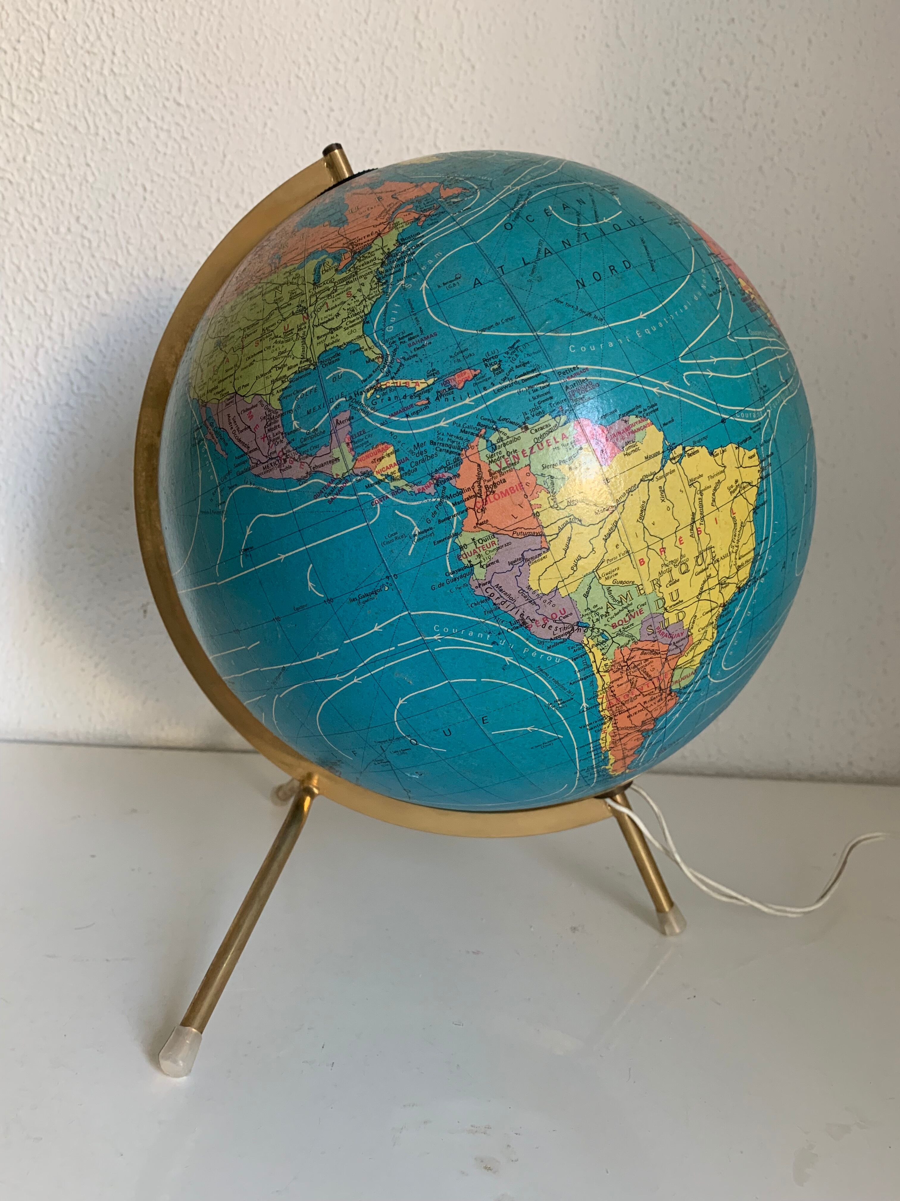 Globe vintage 1975 terrestre verre tripode doré Taride
