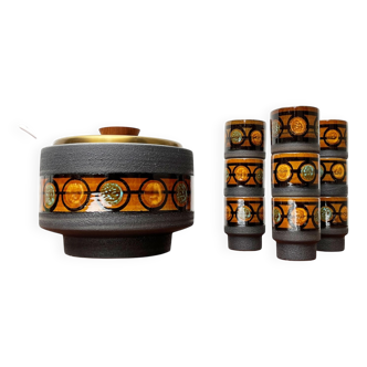 Mid-century brutalist West German pottery punch bowl and cups by WGP of Dümler & Breiden, 1960s, set of 10.