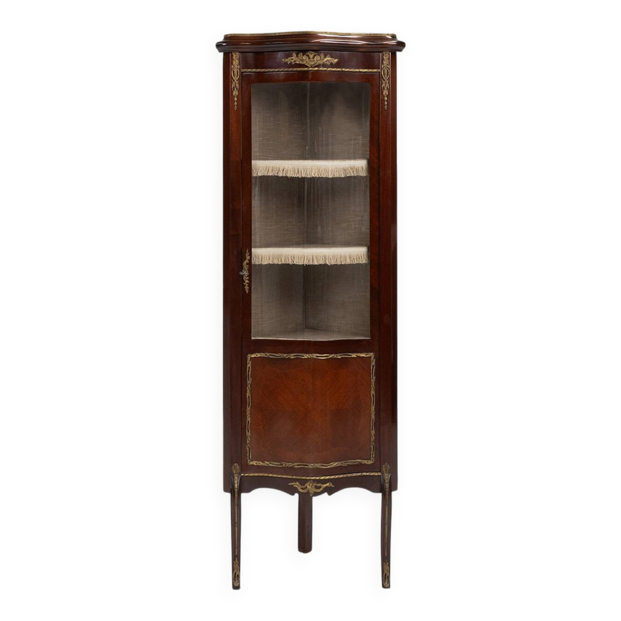 20th Century French Louis XV style corner display cabinet with arched glass, ca 1950