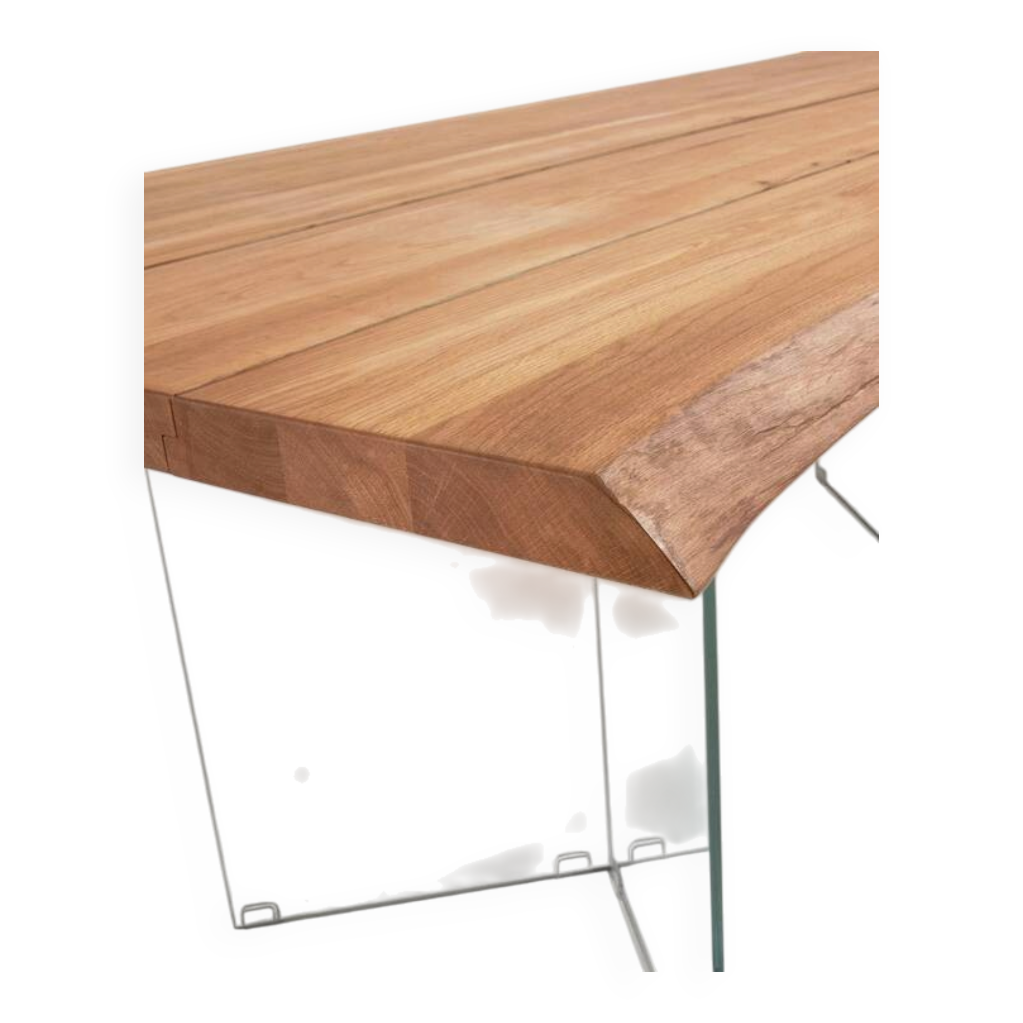 Oak table top with tempered glass legs – in perfect condition.