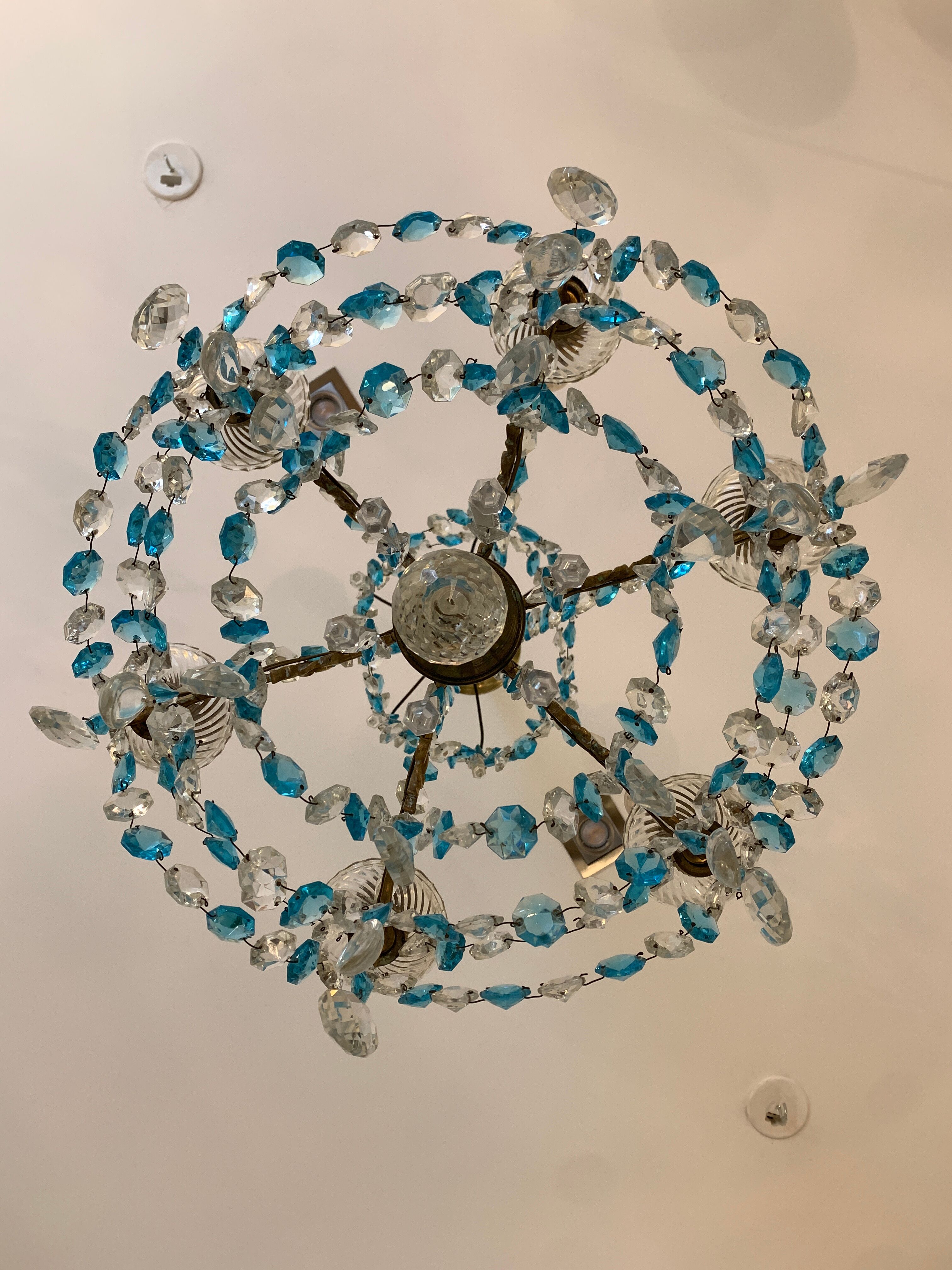 Chandelier with blue crystal pimples, 6 lights, Baccarat, 1950, art nouveau style
