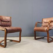 Asko Pajamies vintage leather plywood chairs from Finland, set of 6 - 1970s