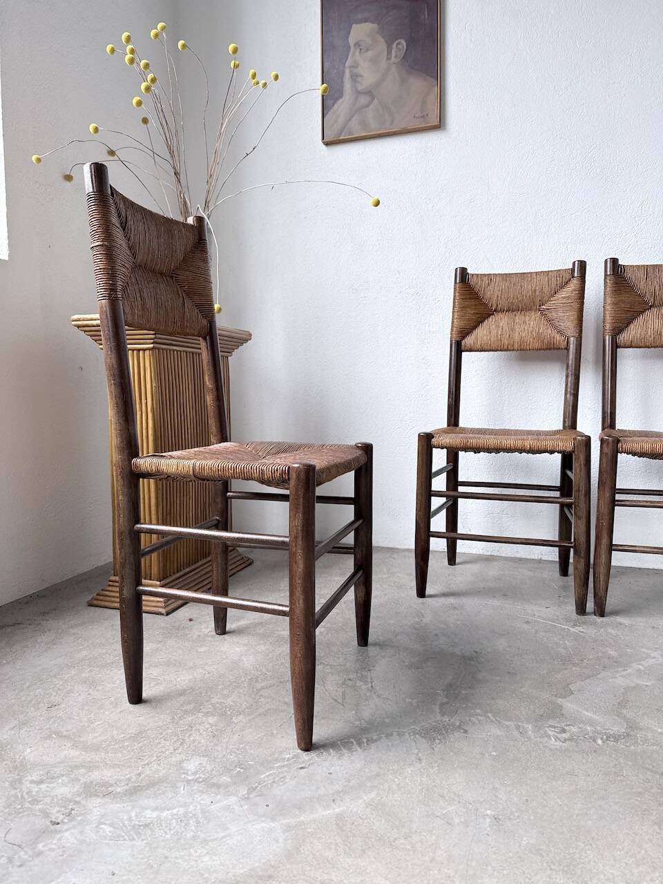Set of 6 straw and oak Beauche chairs.