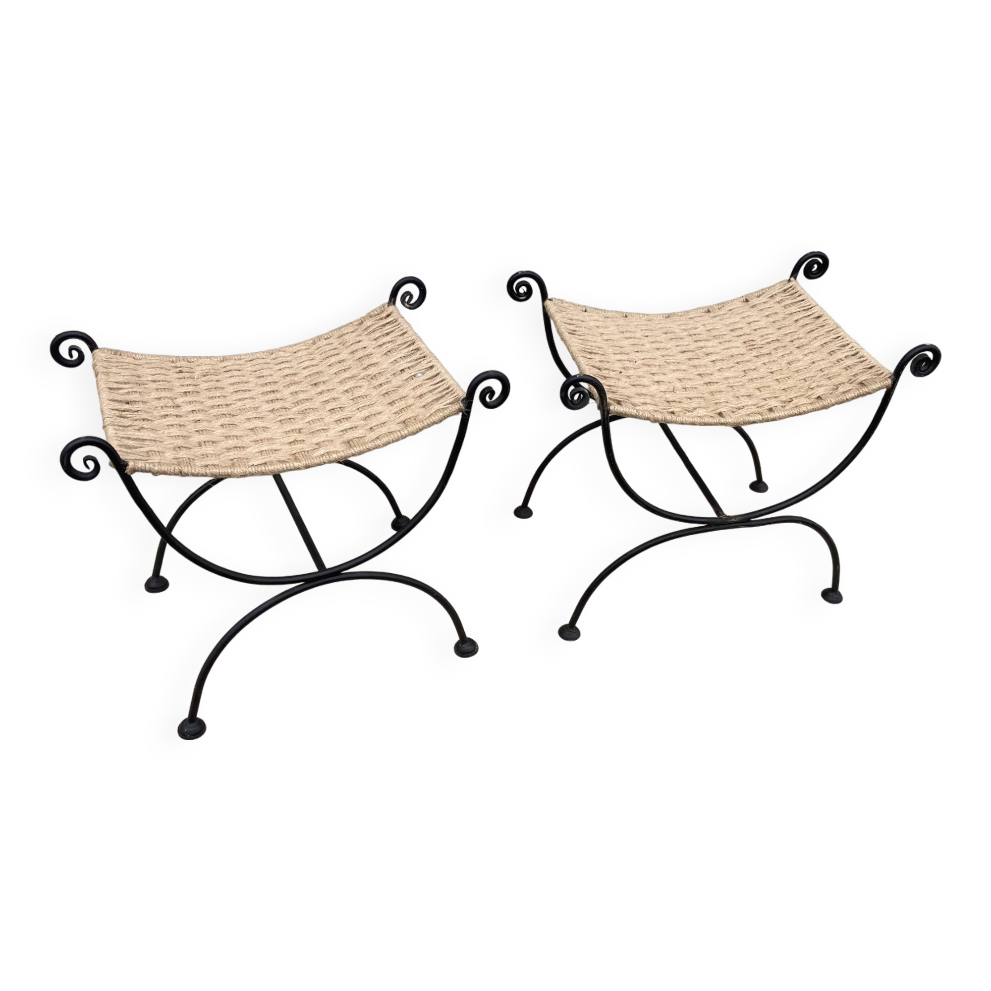 Paire de tabourets, curule  en fer forgé, tressage, chanvre