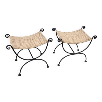 Pair of stools, wrought iron curule, braiding, hemp