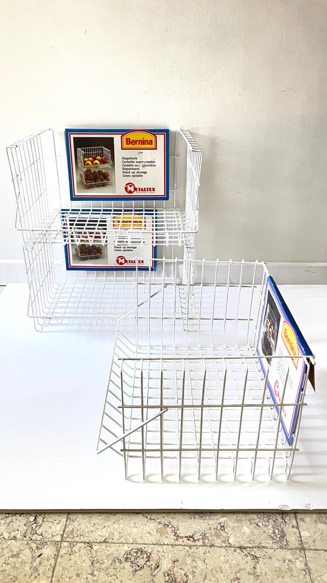 Trio of stackable steel wire baskets vintage italy