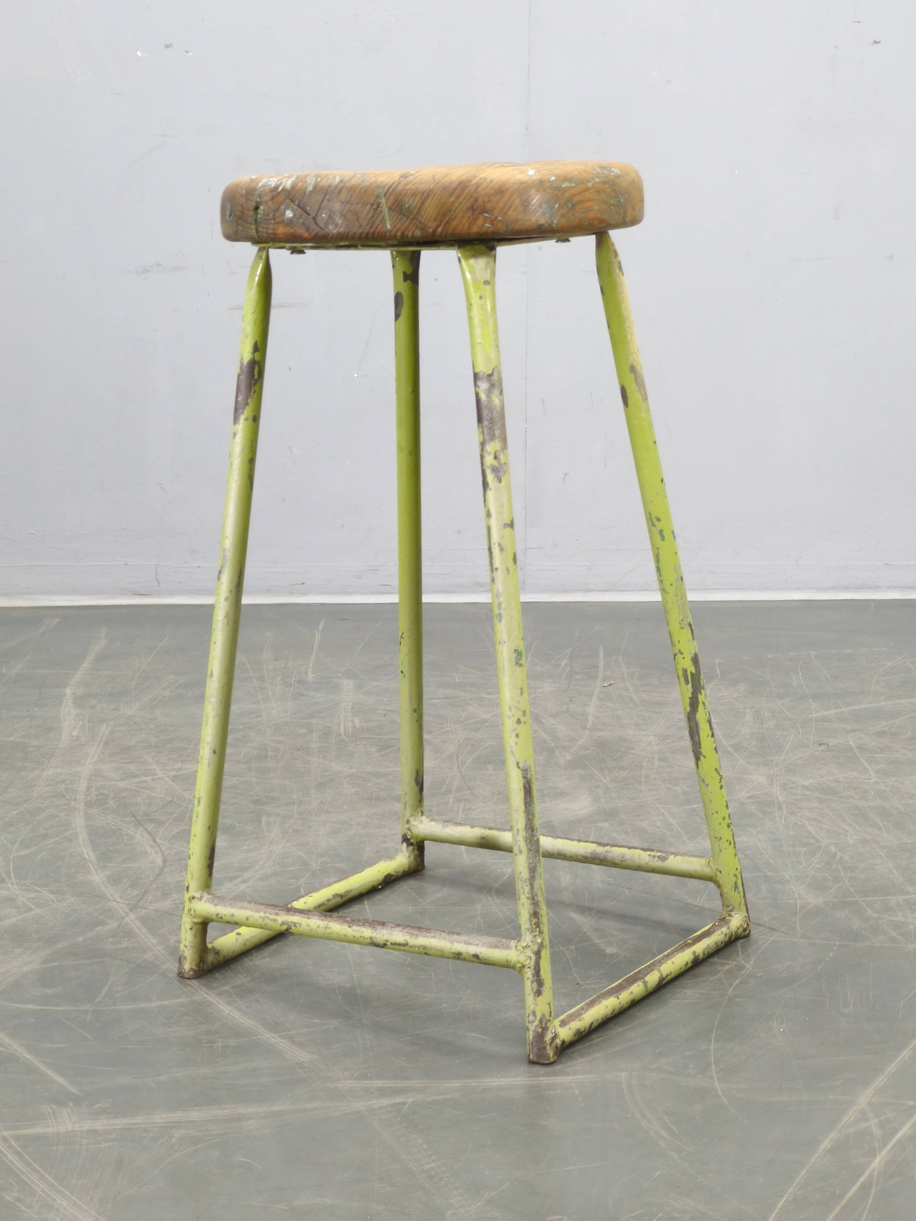 1940s Czech Industrial Stool with Pine Seat and Green Patina