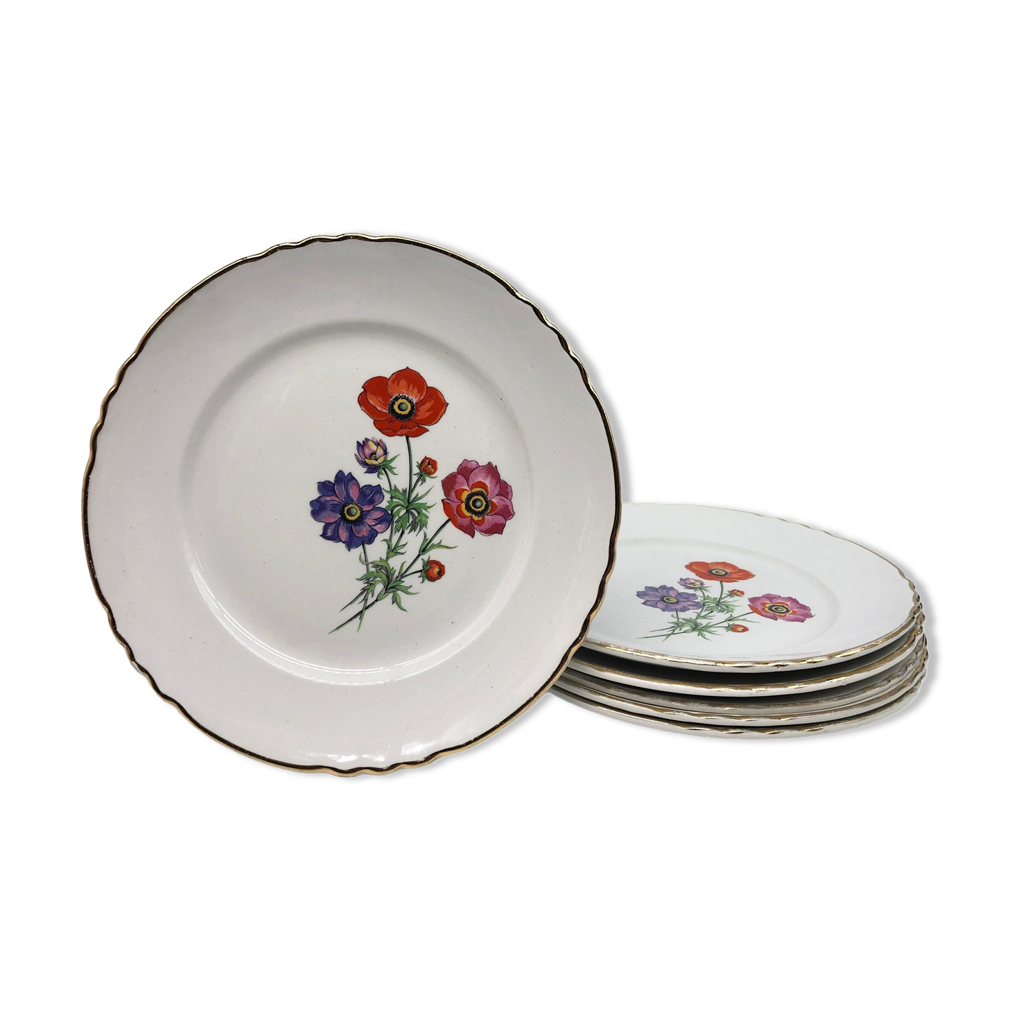 6 Flat porcelain plates "Moulin des Loups" Beaulieu model