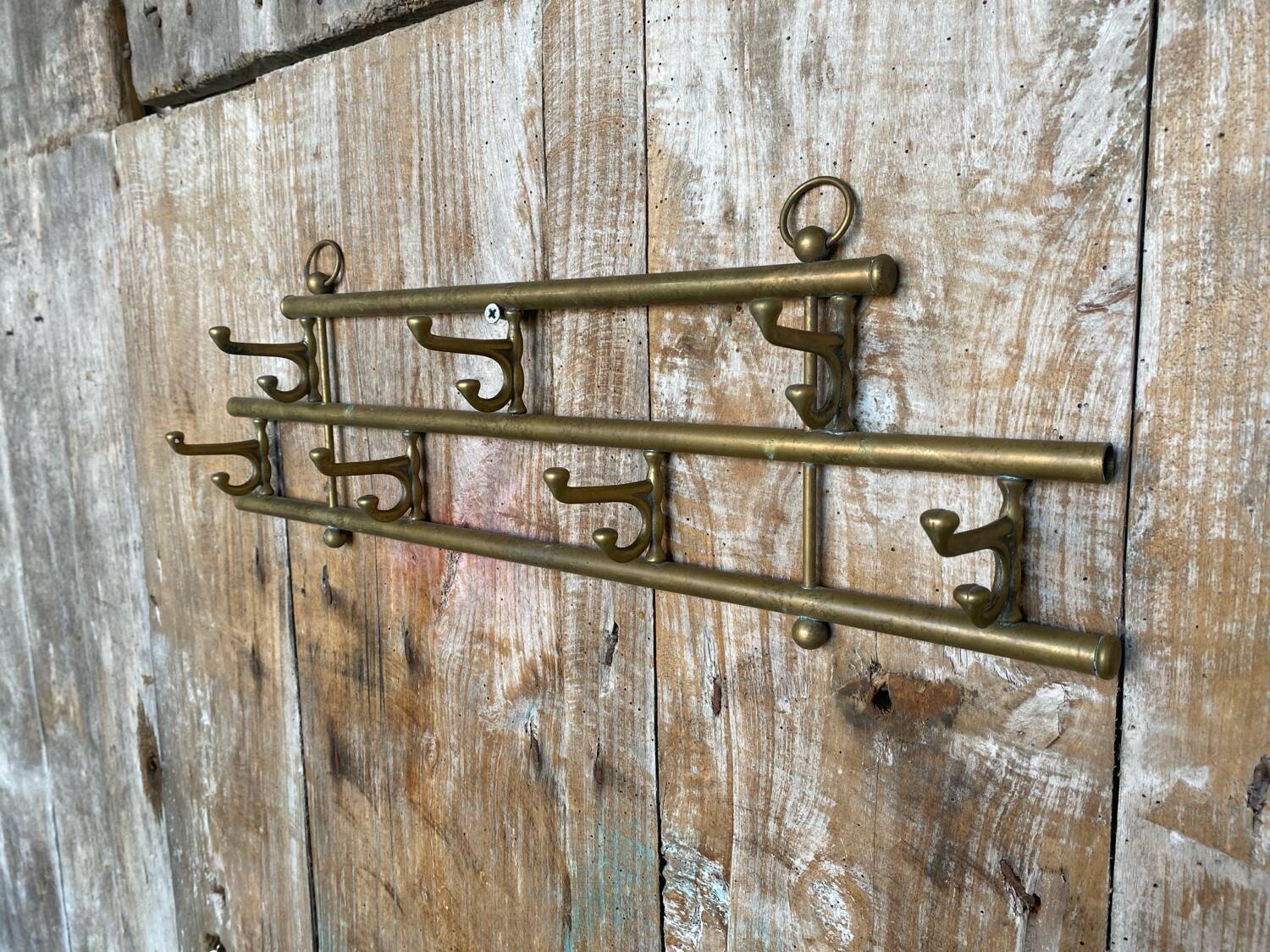 Vintage Wall Coat Rack Brass 7 Foldable Hooks #D748
