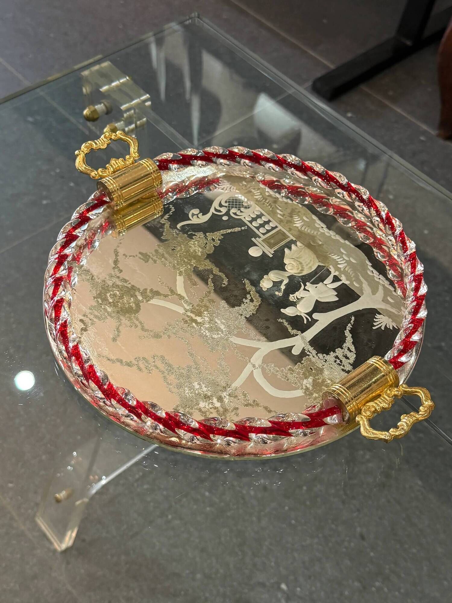 Engraved mirror plateau with twisted red and white glass border, Murano / Venice (c. 1940–1950)