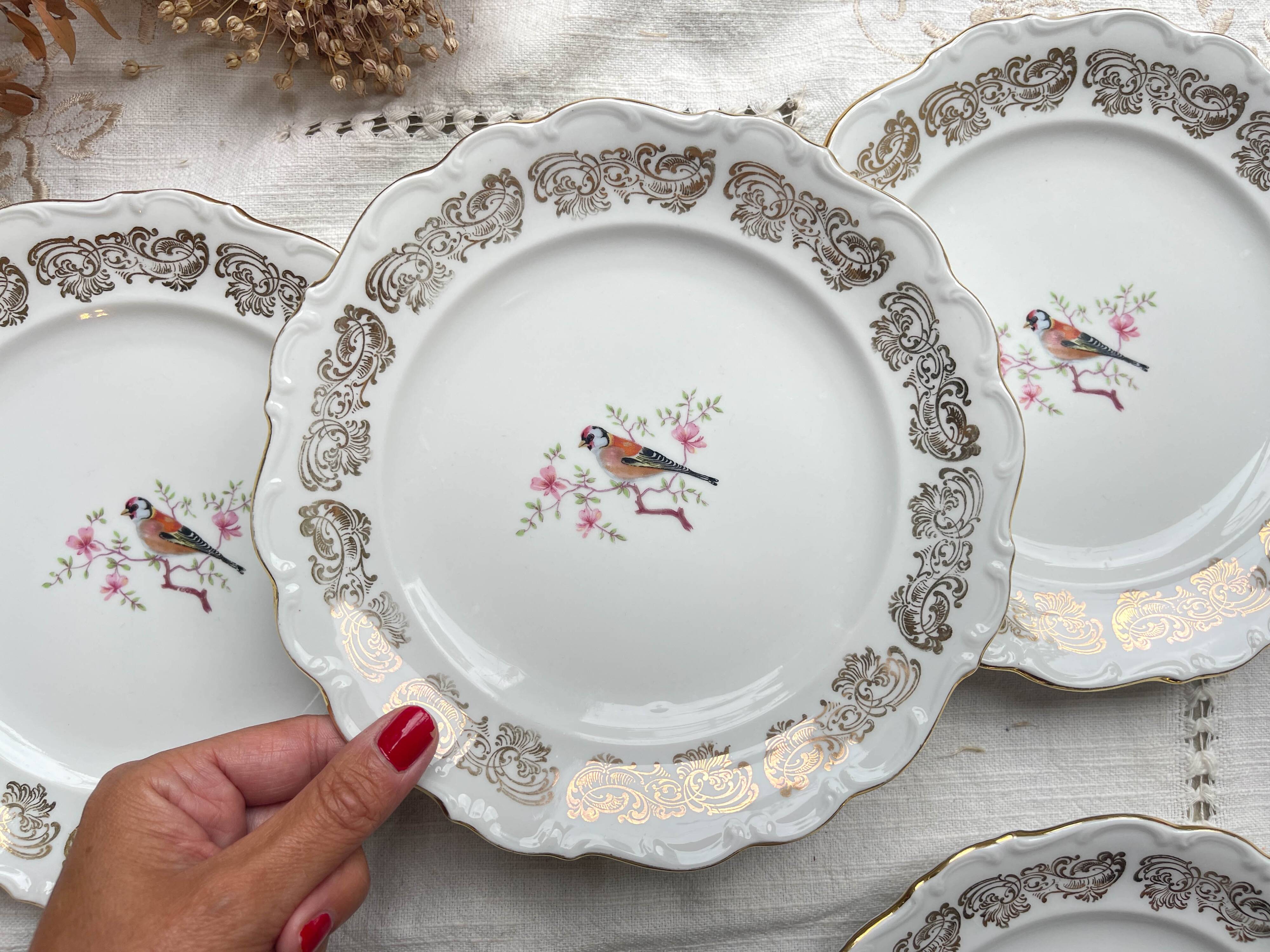 6 Small vintage plates in gold white porcelain Bavaria bird motif