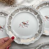 6 Small vintage plates in gold white porcelain Bavaria bird motif