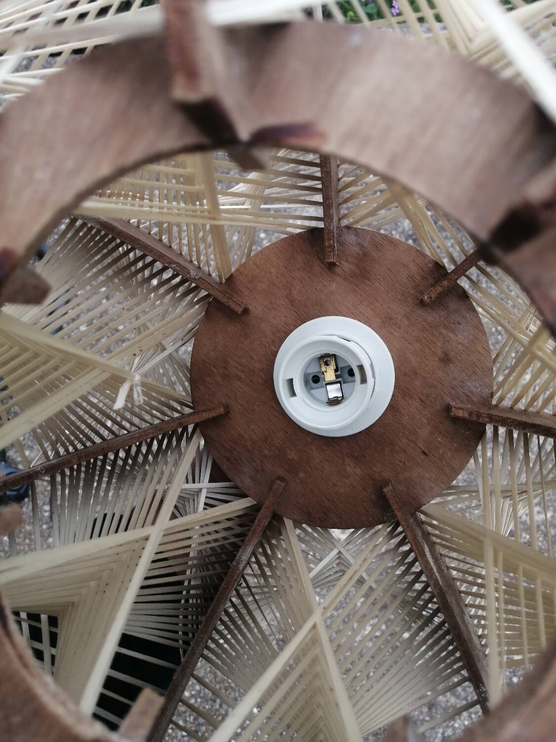 Pair of vintage wooden and rattan straw pendant lights.