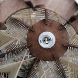 Pair of vintage wooden and rattan straw pendant lights.