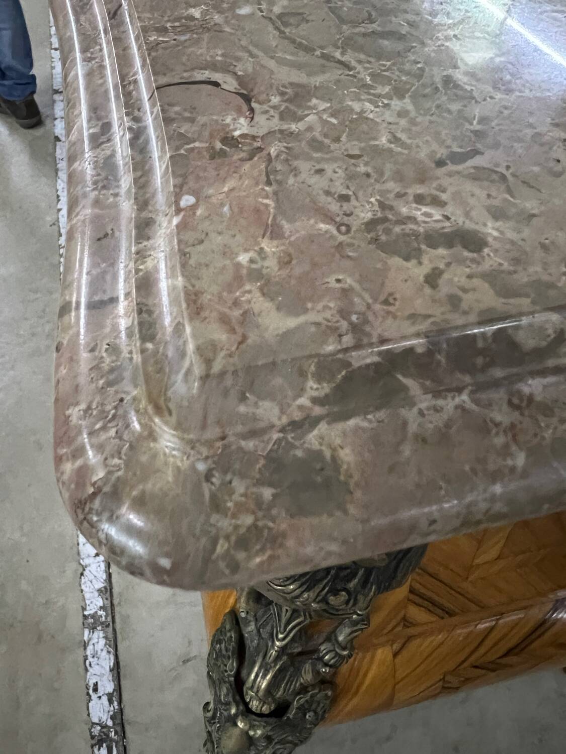 Louis XV style tomb chest of drawers in marquetry and marble