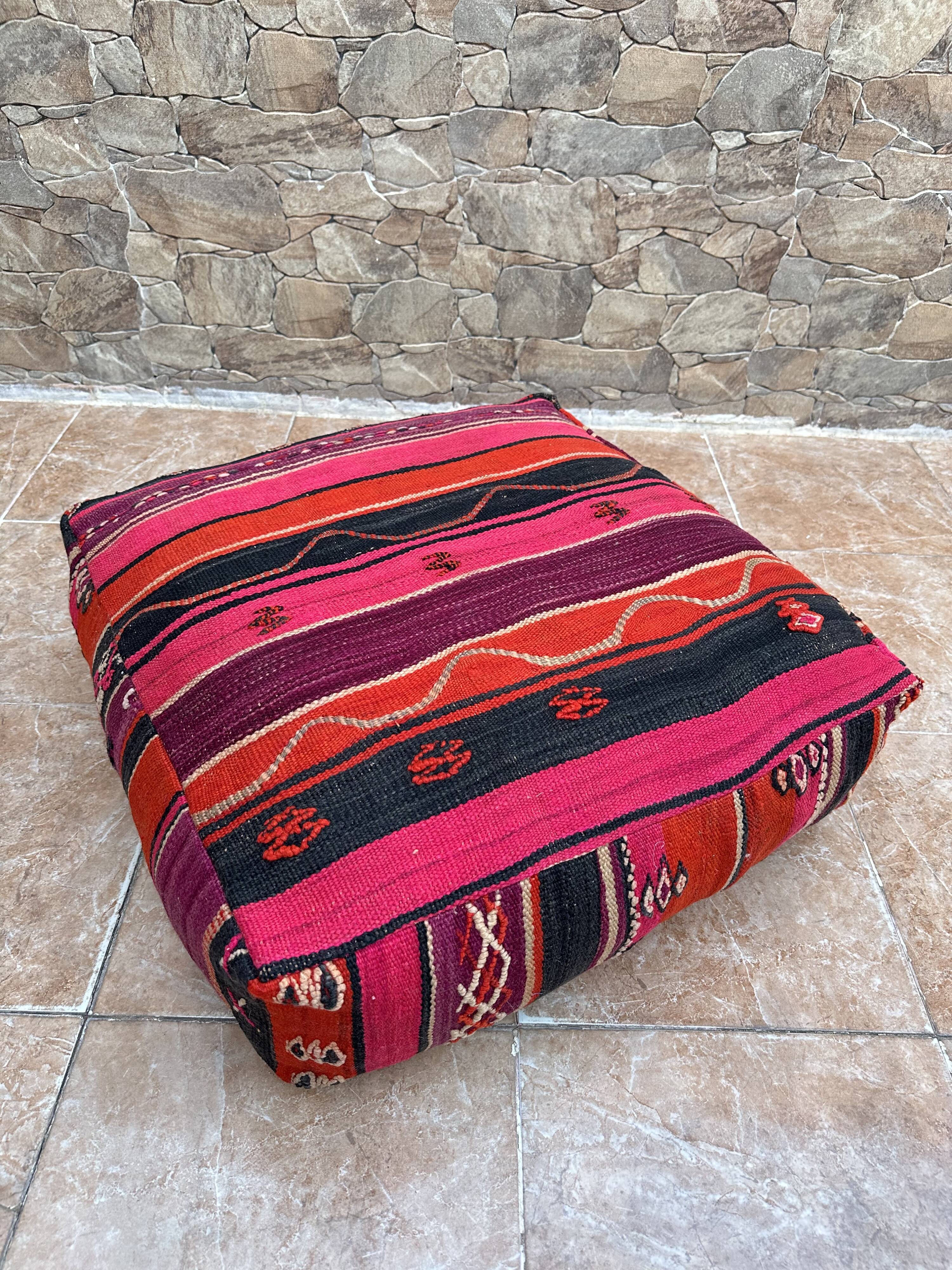 Vintage handmade Berber Kilim pouf, Moroccan floor cushion.