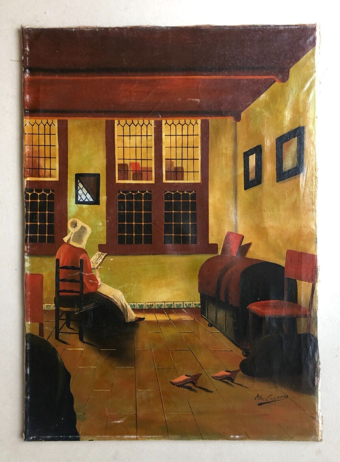 Mid century signed painting with Flemish interior